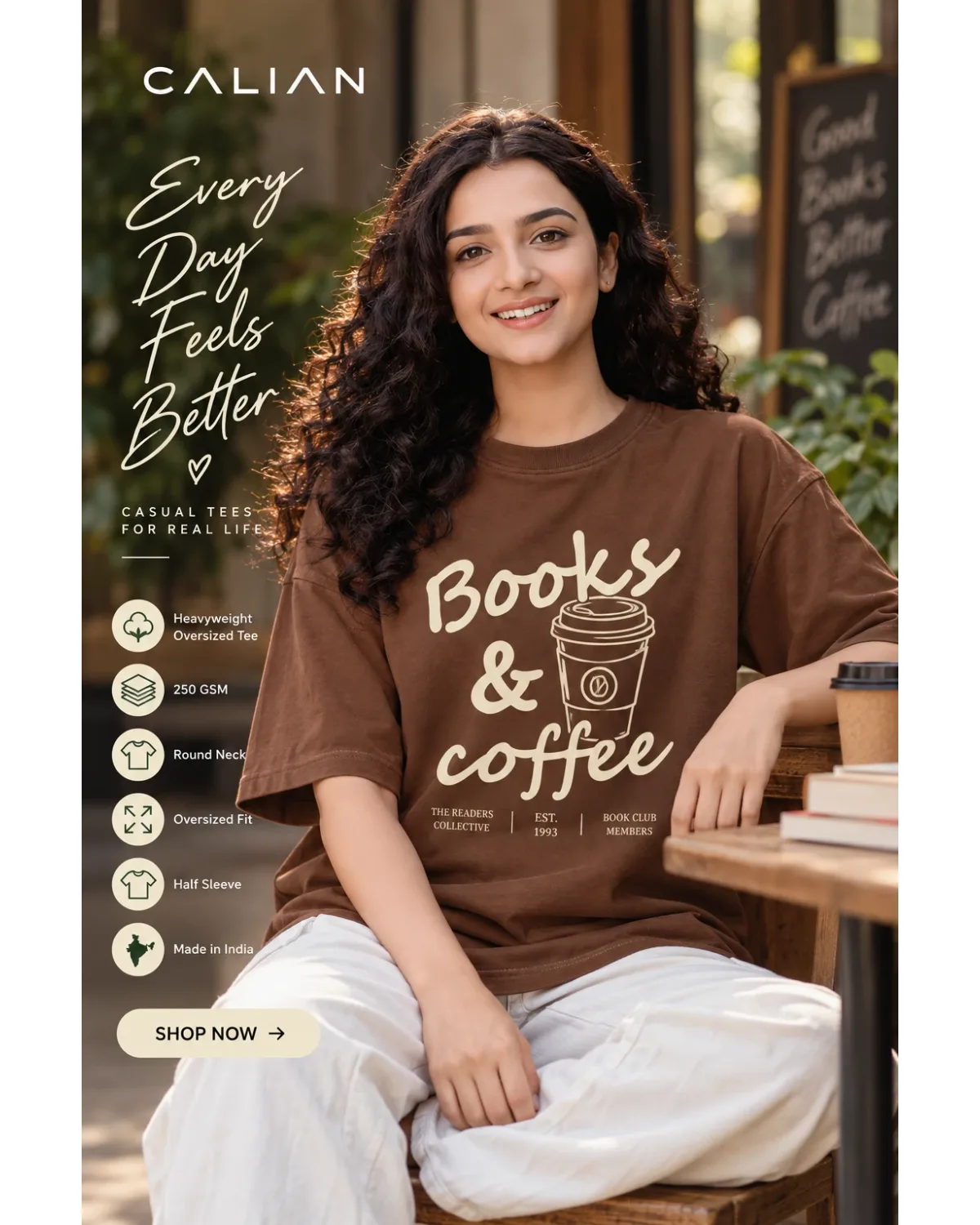 Books and coffee graphic tee in Brown